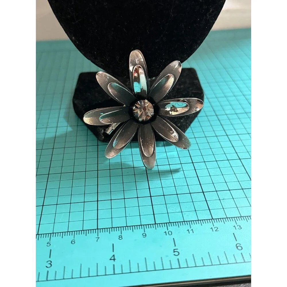 Signed CORO Flower Gray Matte Enamel Rhinestone Silver Tone Brooch